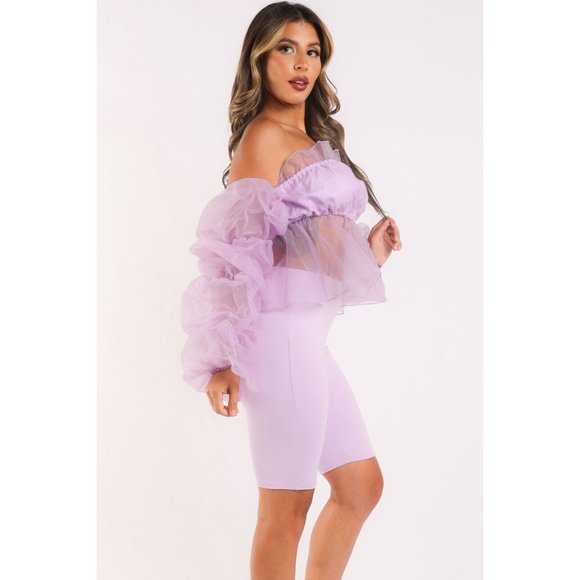 Women's Sexy Organza Sleeve Detailed Top and Matching Shorts 2 Piece Set holiday - Picture 10 of 12